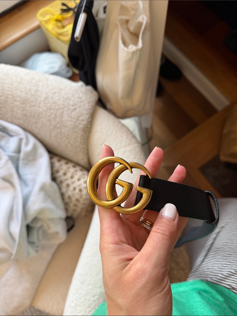 Gucci Black Leather Belt with Gold Double G Buckle